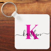 Hot Pink Initiaal Naam Monogrammed Sleutelhanger (Voorkant)