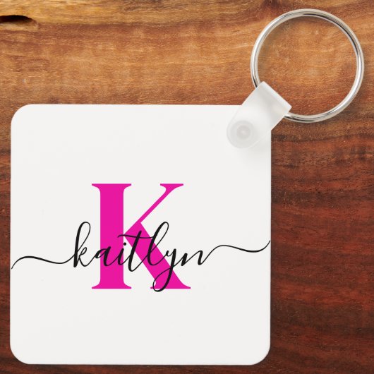 Hot Pink Initiaal Naam Monogrammed Sleutelhanger (Achterkant)