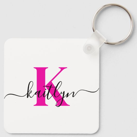 Hot Pink Initiaal Naam Monogrammed Sleutelhanger (Achterkant)