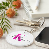 Hot Pink Initiaal Naam Monogrammed Sleutelhanger (Voorkant Rechts)