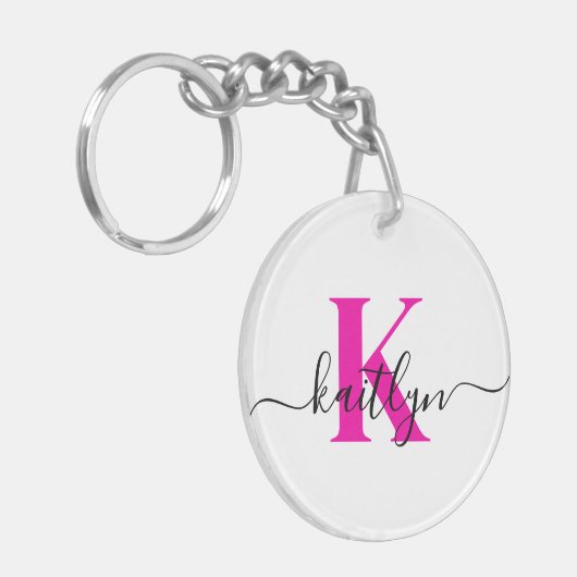 Hot Pink Initiaal Naam Monogrammed Sleutelhanger (Voorkant Links)