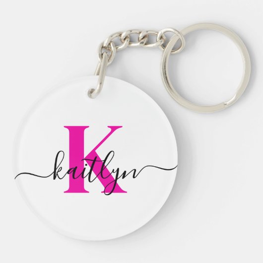 Hot Pink Initiaal Naam Monogrammed Sleutelhanger (Achterkant)