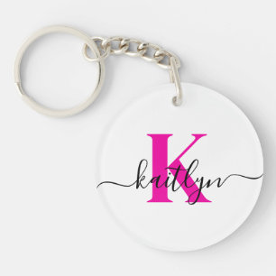 Hot Pink Initiaal Naam Monogrammed Sleutelhanger