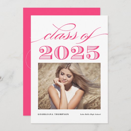 Hot Pink Klasse van 2025 Foto Afstuderen Aankondiging (Voorkant / Achterkant)