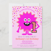 Hot Pink Kleine Monster Virtuele 1 verjaardag Kaart (Voorkant)