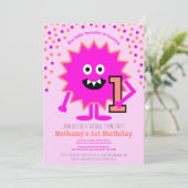 Hot Pink Kleine Monster Virtuele 1 verjaardag Kaart (Staand voorkant)