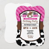 Hot Pink Koeienhuid Cowboy Birthday Invite Kaart (Voorkant / Achterkant)