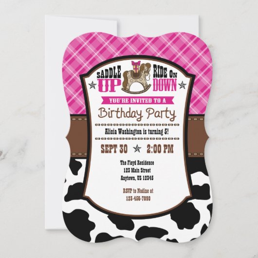 Hot Pink Koeienhuid Cowboy Birthday Invite Kaart (Voorkant)