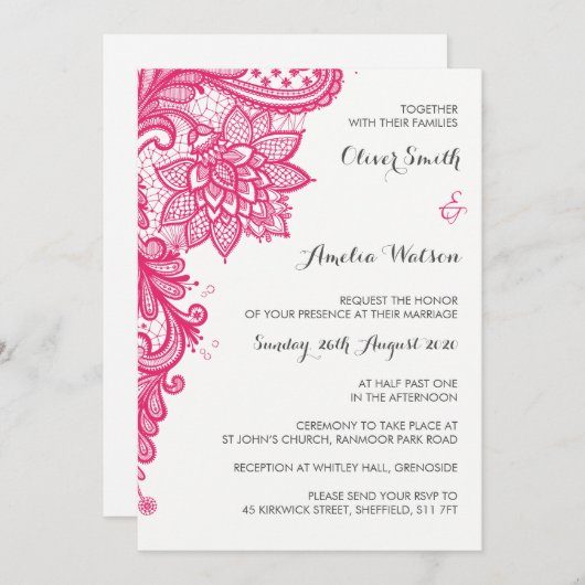 Hot Pink Lace bruiloft uitnodiging (Voorkant / Achterkant)