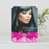 Hot Pink Lace en Jewel Bow Quinceanera Kaart (Staand voorkant)