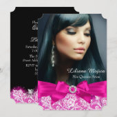 Hot Pink Lace en Jewel Bow Quinceanera Kaart (Voorkant / Achterkant)