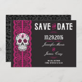 Hot Pink Lace Sugar Skull Bewaar de datums 4.5x6.2 Save The Date (Voorkant / Achterkant)