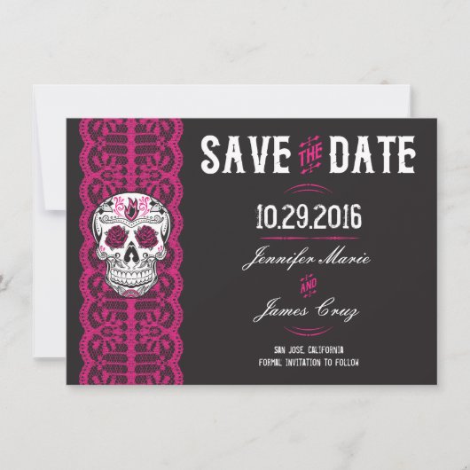 Hot Pink Lace Sugar Skull Bewaar de datums 4.5x6.2 Save The Date (Voorkant)