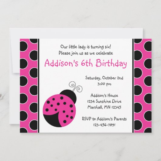 Hot Pink Ladybug Birthday-uitnodigingen Kaart (Voorkant)