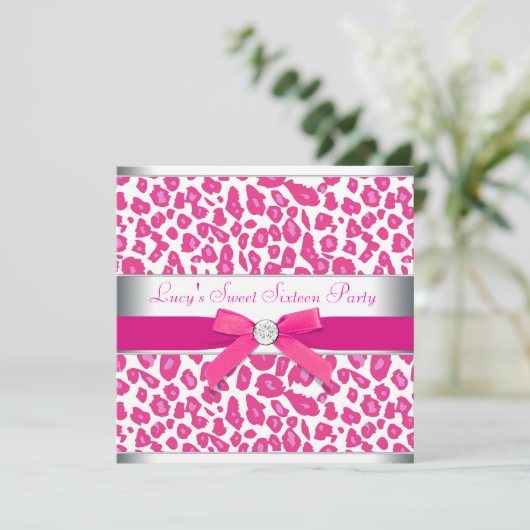 Hot Pink Leopard Bow Pink Leopard Sweet 16 Party Kaart (Staand voorkant)