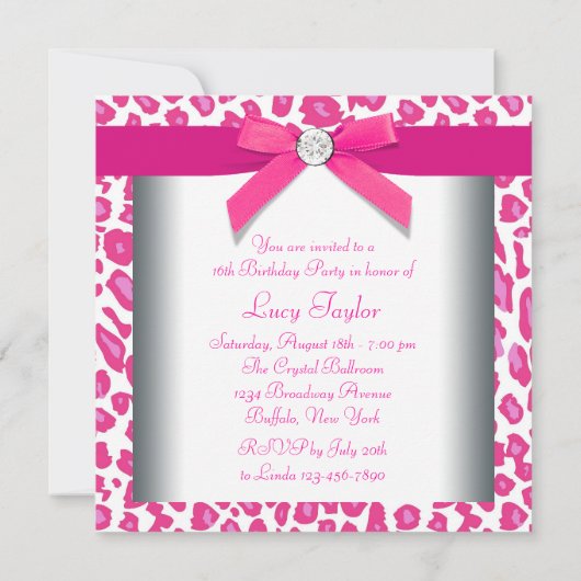 Hot Pink Leopard Bow Pink Leopard Sweet 16 Party Kaart (Achterkant)