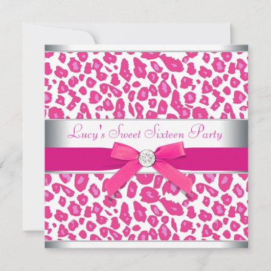 Hot Pink Leopard Bow Pink Leopard Sweet 16 Party Kaart (Voorkant)