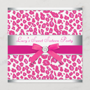 Hot Pink Leopard Bow Pink Leopard Sweet 16 Party Kaart