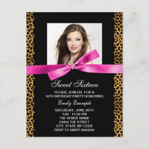 Hot Pink Leopard Foto Sweet 16 Verjaardagsfeest Kaart