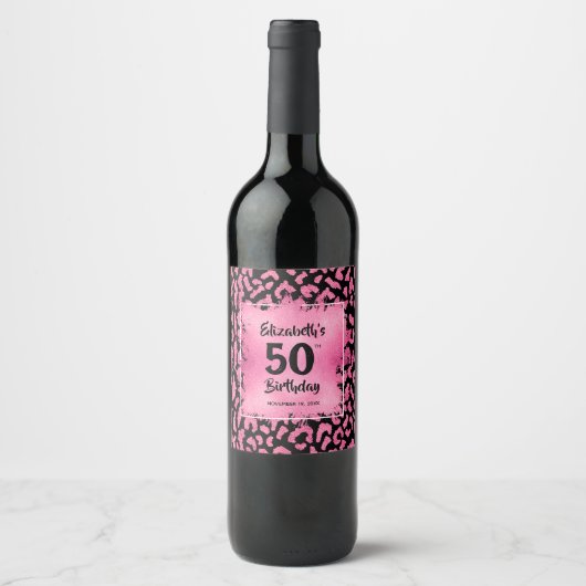Hot Pink Leopard Patroon 50e verjaardag Aangepast Wijn Etiket (Voorkant)