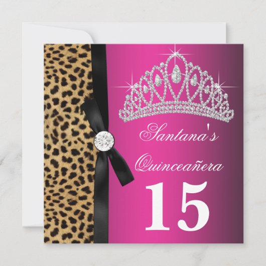 Hot Pink Leopard Quinceanera Kaart (Voorkant)