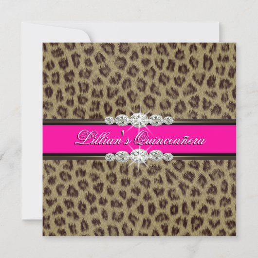 Hot Pink Leopard Quinceanera Uitnodigingen (Voorkant)