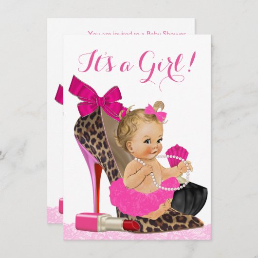 Hot Pink Leopard Shoe Baby shower Kaart (Voorkant / Achterkant)