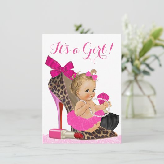 Hot Pink Leopard Shoe Baby shower Kaart (Staand voorkant)
