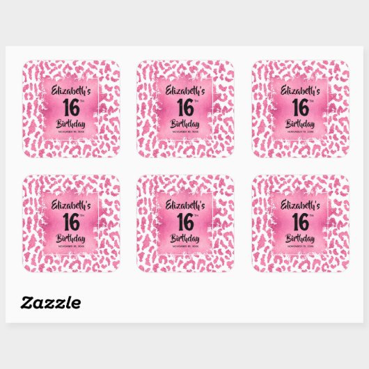 Hot Pink Leopard Sweet 16 Verjaardag Vierkante Sticker (Vel)