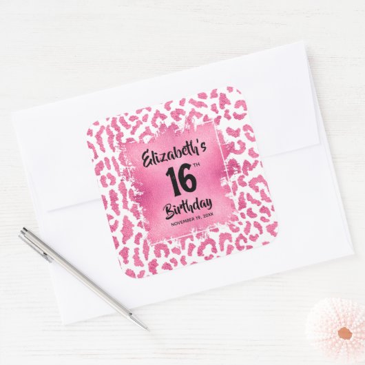 Hot Pink Leopard Sweet 16 Verjaardag Vierkante Sticker (Envelop)