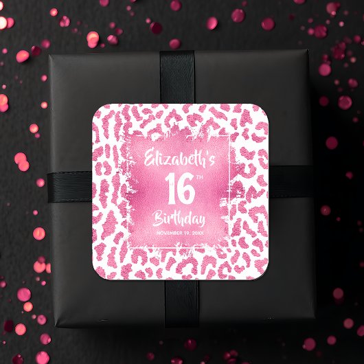 Hot Pink Leopard Sweet 16 Verjaardag Vierkante Sticker