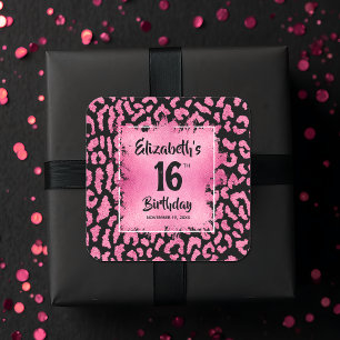 Hot Pink Leopard Sweet 16 Verjaardag Vierkante Sticker