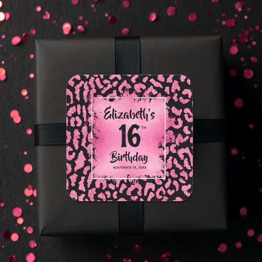 Hot Pink Leopard Sweet 16 Verjaardag Vierkante Sticker
