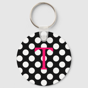 Hot Pink Letter T Monogram Black White Polka Dot Sleutelhanger