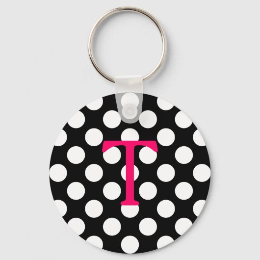 Hot Pink Letter T Monogram Black White Polka Dot Sleutelhanger (Voorkant)
