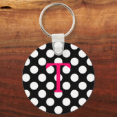 Hot Pink Letter T Monogram Black White Polka Dot Sleutelhanger (Voorkant)