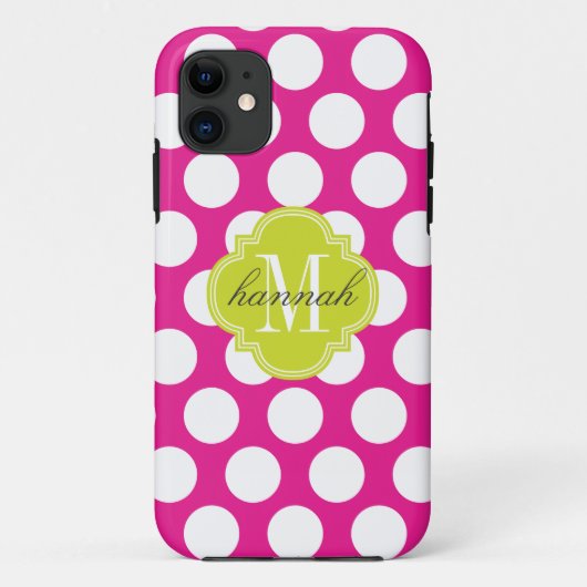 Hot Pink & Lime Green Big Polka Dots Monogramed Case-Mate iPhone Case (Achterkant)