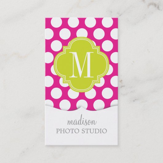 Hot Pink & Lime Green Big Polka Dots Monogramed Visitekaartje (Voorkant)