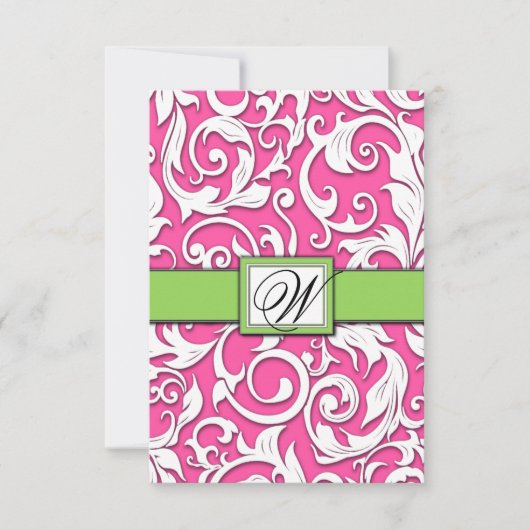 Hot Pink & Lime Green Damask Wedding RSVP-kaarten RSVP Kaartje (Voorkant)