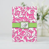 Hot Pink & Lime Green Damask Wedding RSVP-kaarten RSVP Kaartje (Staand voorkant)