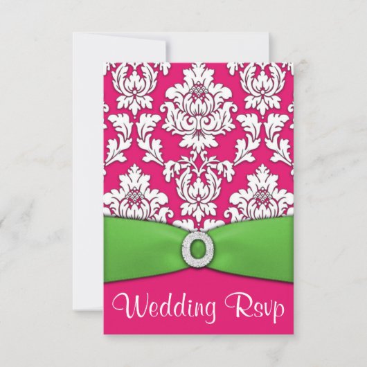 Hot Pink & Lime Green Damask Wedding RSVP-kaarten RSVP Kaartje (Voorkant)