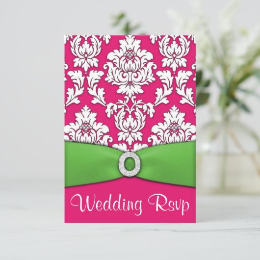 Hot Pink & Lime Green Damask Wedding RSVP-kaarten RSVP Kaartje (Staand voorkant)