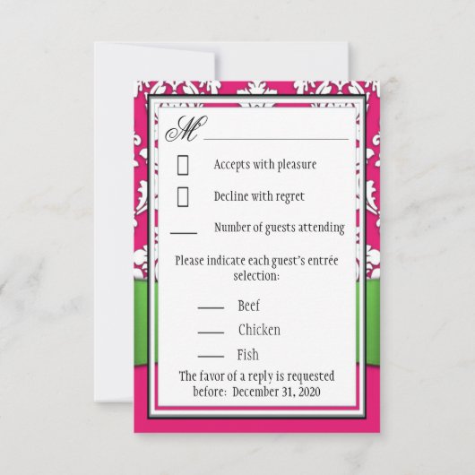 Hot Pink & Lime Green Damask Wedding RSVP-kaarten RSVP Kaartje (Achterkant)