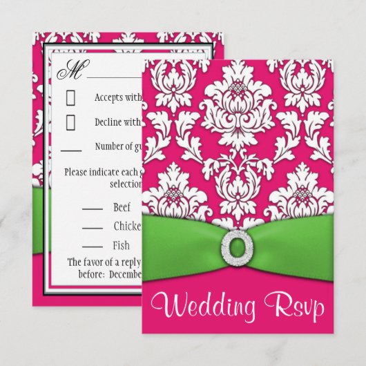 Hot Pink & Lime Green Damask Wedding RSVP-kaarten RSVP Kaartje (Voorkant / Achterkant)
