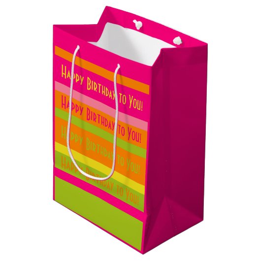 Hot Pink, Limoen, Sinaasappel en geel Happy Birthd Medium Cadeauzakje (Voorkant Gekanteld)