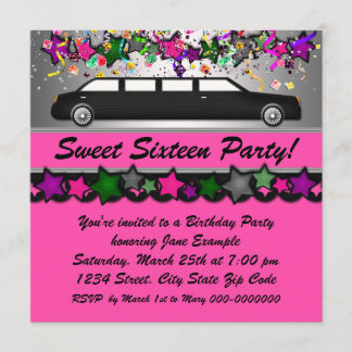 Hot Pink Limousine Sweet Sixteen Party Uitnodiging