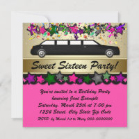 Hot Pink Limousine Sweet Sixteen Party Uitnodiging