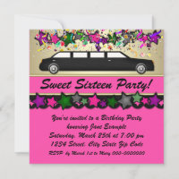 Hot Pink Limousine Sweet Sixteen Party Uitnodiging