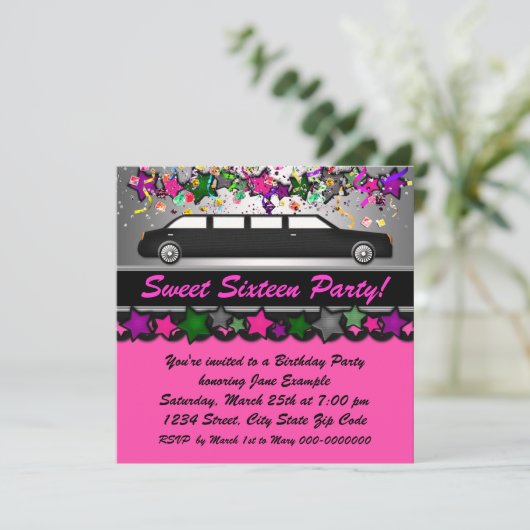 Hot Pink Limousine Verjaardagsfeestje Kaart (Staand voorkant)