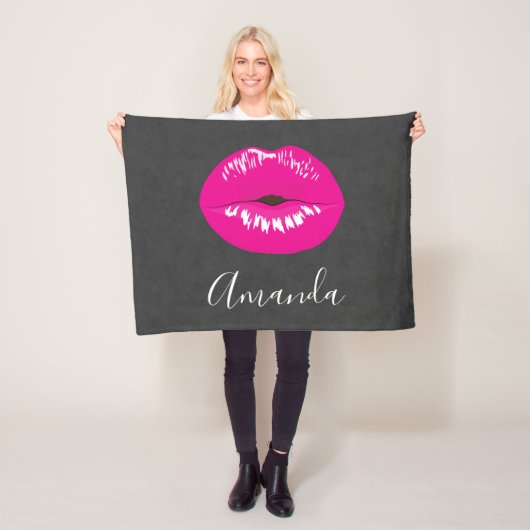Hot Pink Lips Glamoureus Illustratie Fleece Deken (In situ)